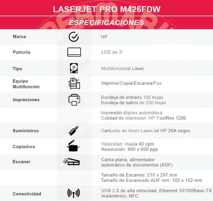 Impresora Multifuncional HP LaserJet Pro MFP M426FDW – B/N – CyberMarket